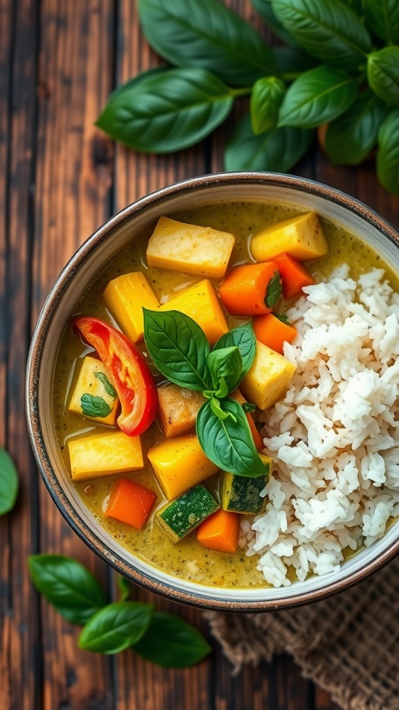 A bowl of Thai green curry with mixed vegetables and basil, served with jasmine rice on a rustic wooden table.